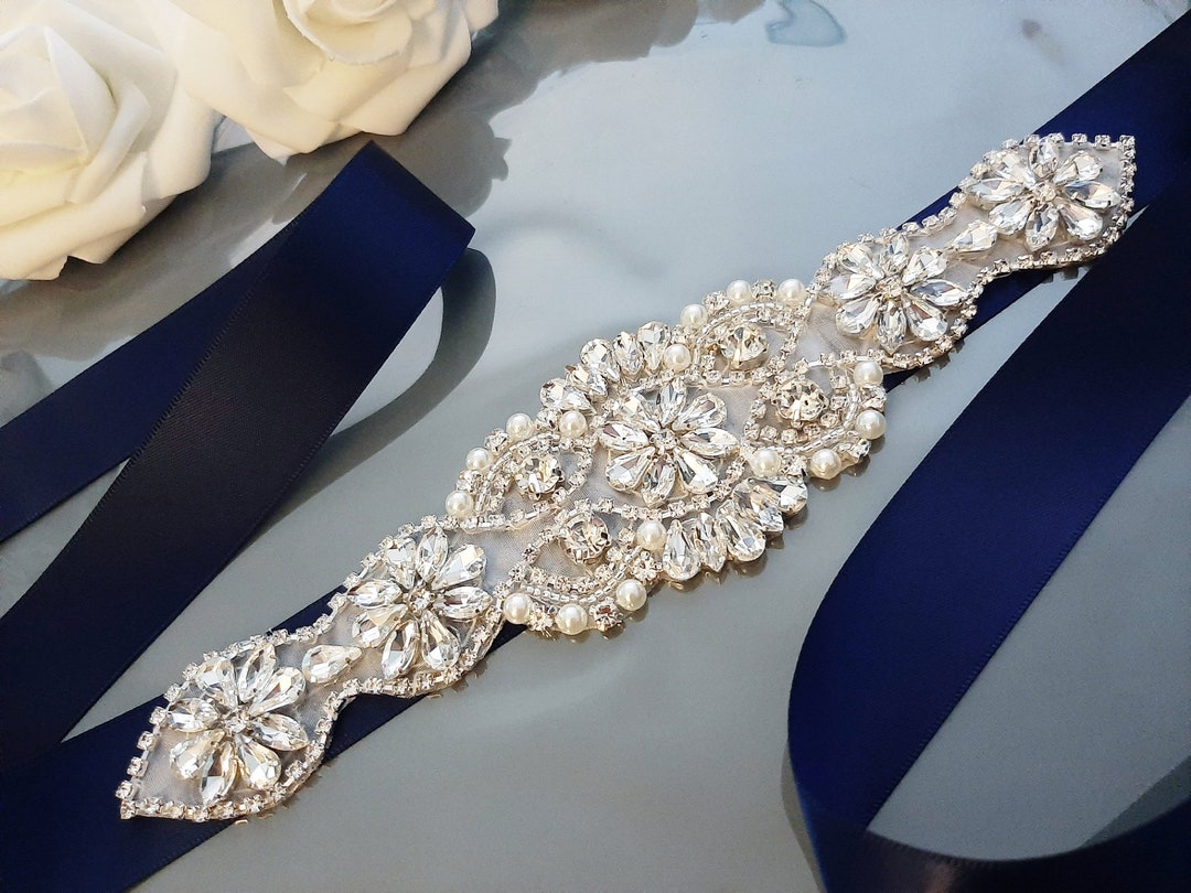 Navy Blue Wedding Belt, Wedding Dress Belt, Bridal Sash, Rhinestone