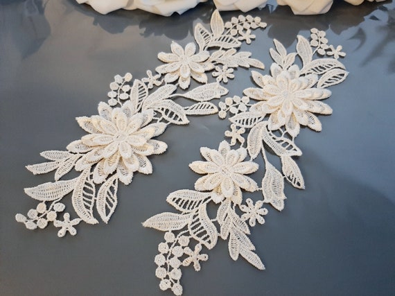 Mirror Pair Leaf Lace Applique, Cream White Sequins Embroidery