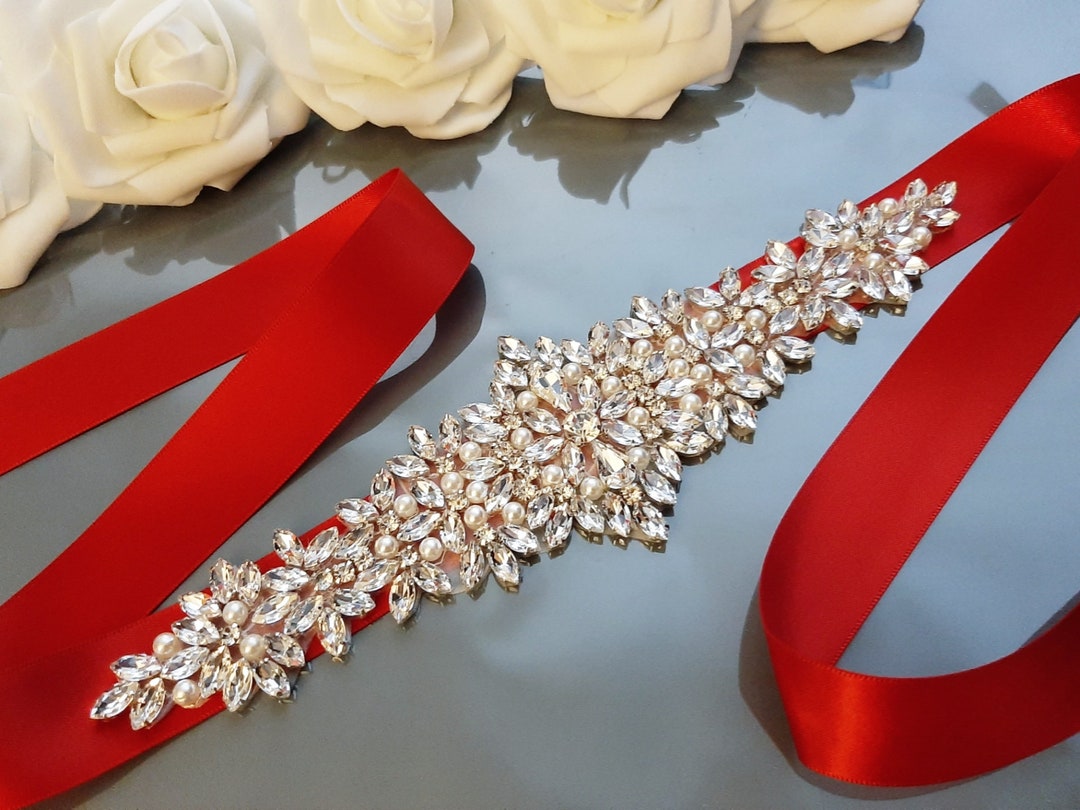 Red Bridal Sash, Red Sash Belt, Red Wedding Belt, Belt for Bride, Bridal Belt, Rhinestone Belt