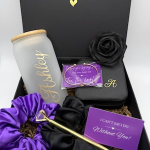 Bridesmaid Gift Box Will You be my Bridesmaid Black and Purple Bridesmaid Box Set Personalized Jewelry Box Maid of Honor Gift Name Cup