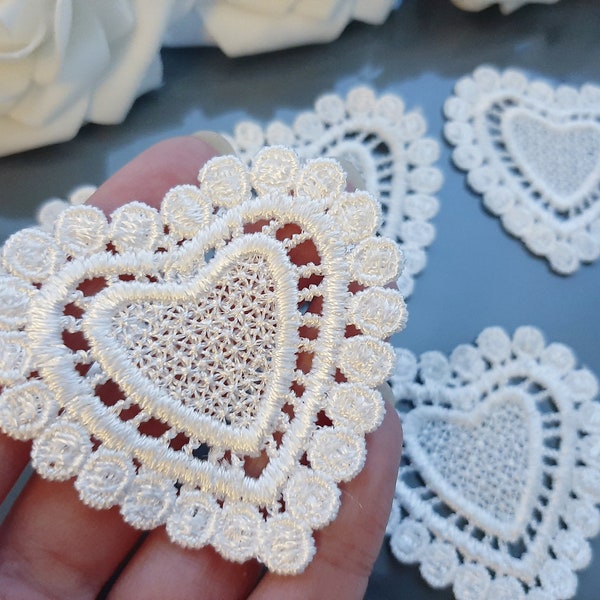 Lace Heart Applique, White Valentine Ornament Embellishment for Sewing or Craft Projects, Junk Journal Supplies, Embroidered Patches Sew on