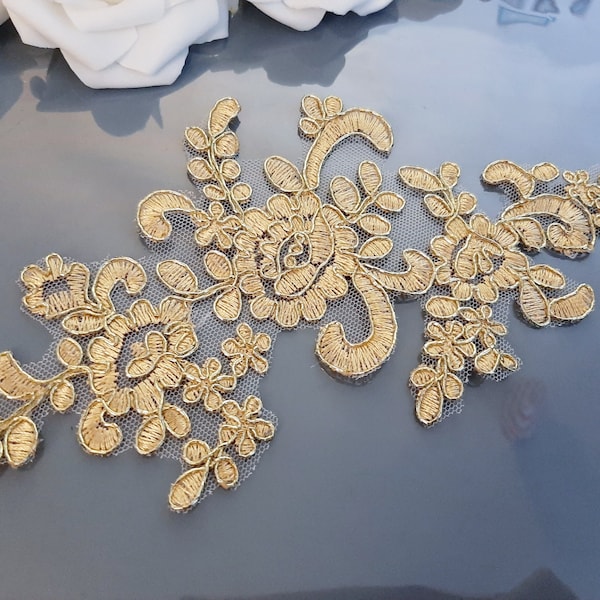 Gold Lace Applique, Bridal Floral Lace Applique, Sew On Embroidered Flower Tulle Lace, Patch For Dress Sewing, Wedding Applique, Lace Fabric