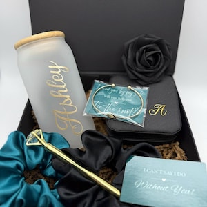 Bridesmaid Girl Box Will You be my Bridesmaid Black and Teal Bridesmaid Box Set Personalized Initial Jewelry Box Maid of Honor Gift Name Cup
