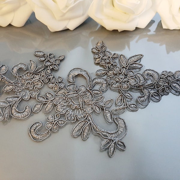 Gray Lace Applique, Bridal Floral Lace Applique, Sew On Embroidered Flower Tulle Lace, Patch For Dress Sewing, Wedding Applique, Lace Fabric