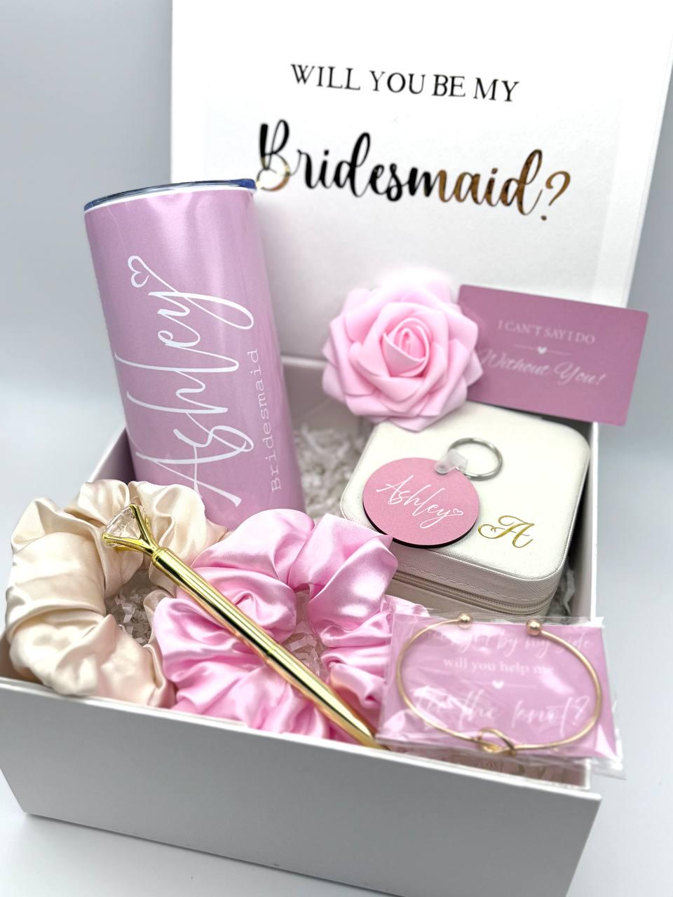 Bridesmaid Proposal Box Gift Will You be my Bridesmaid Pink Wedding Personalized  Jewelry Maid of Honor Gift Name Tumbler