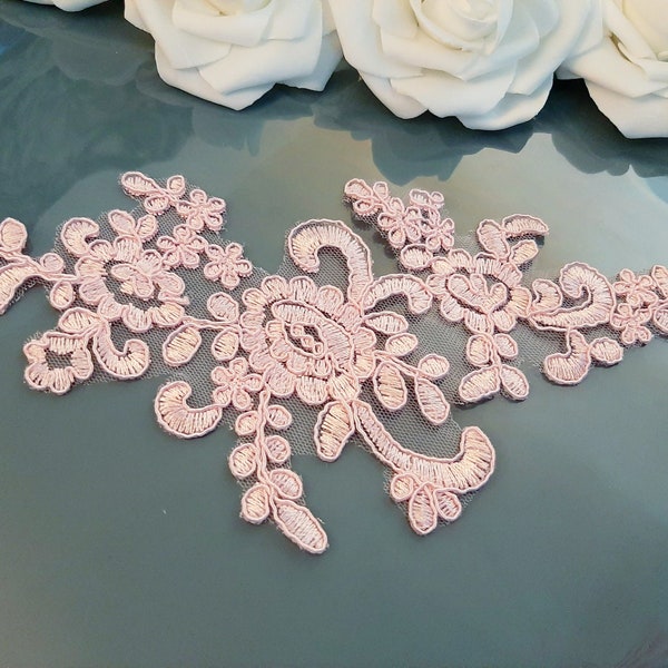 Pink Lace Applique, Bridal Floral Lace Applique, Sew On Embroidered Flower Tulle Lace, Patch For Dress Sewing, Wedding Applique