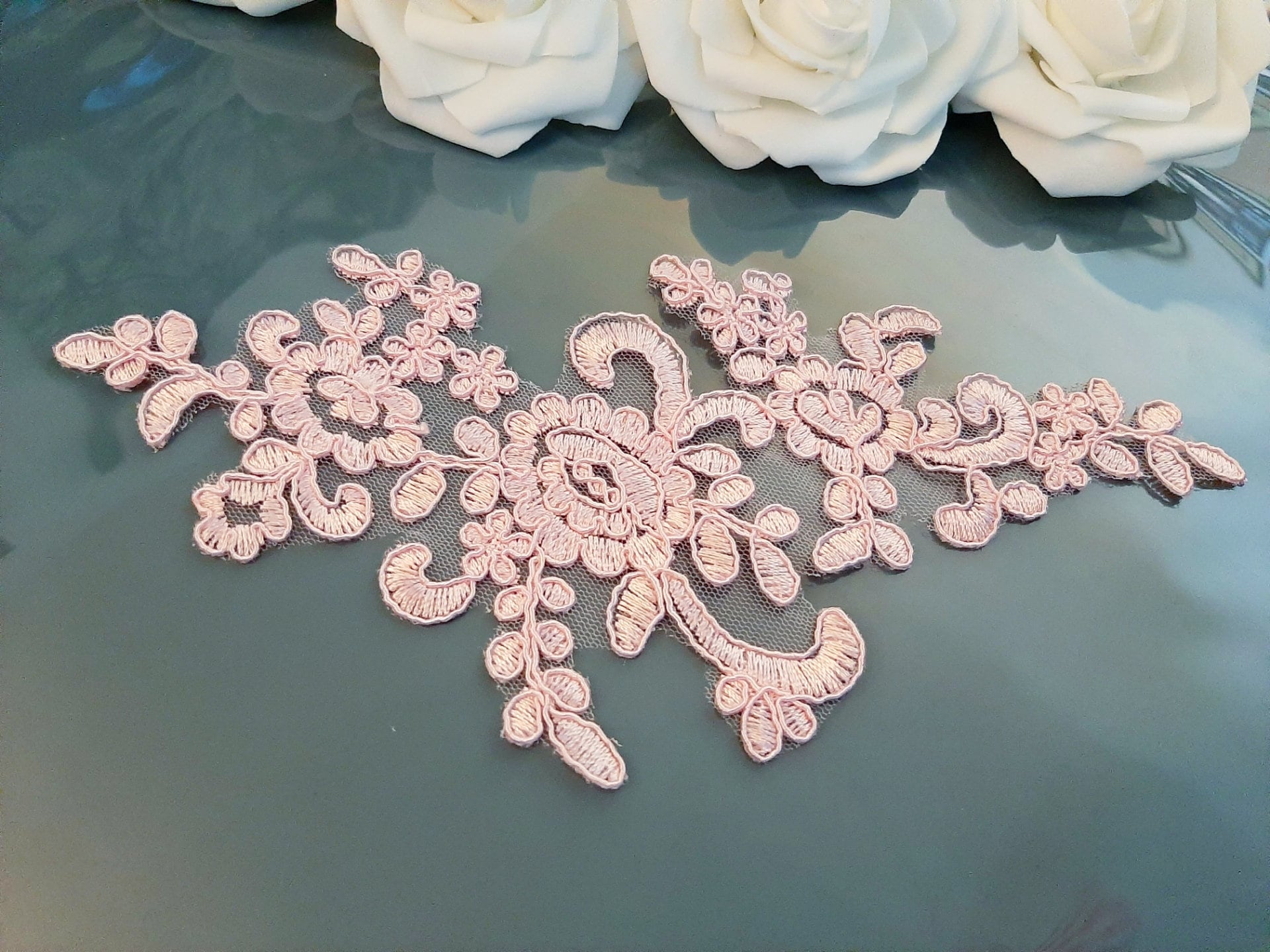 Lace Applique, Pink Flower Applique, Beaded Embroidered Bridal Applique, 1  Pc 