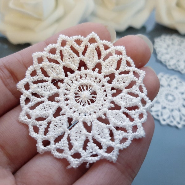 Lace Applique, White Crochet Round Ornament Embellishment for Sewing or Craft Projects, Junk Journal Supplies, Embroidered Patches Sew on