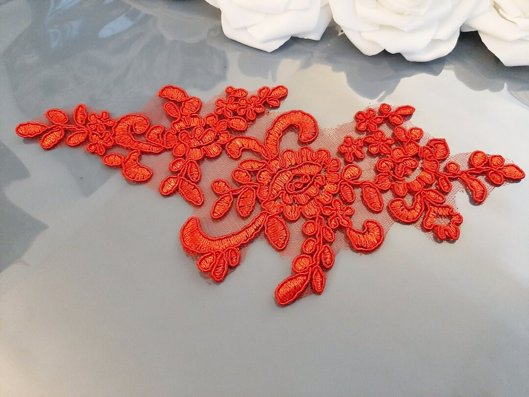 Red Lace Applique, Bridal Floral Lace Applique, Sew on Embroidered