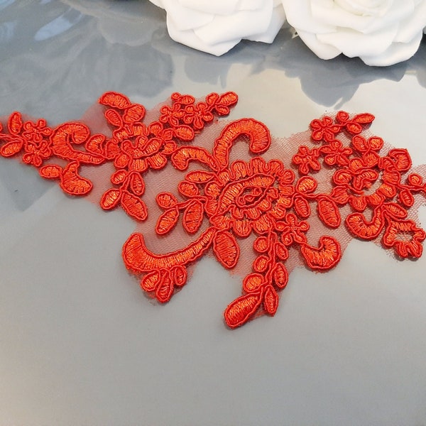 Red Lace Applique, Bridal Floral Lace Applique, Sew On Embroidered Flower Tulle Lace, Patch For Dress Sewing, Wedding Applique, Lace Fabric