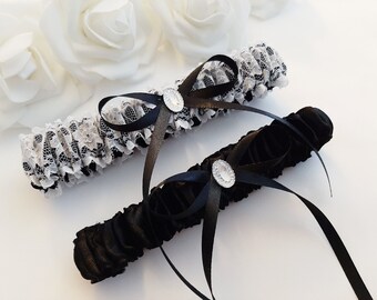 Prom Double Heart Wedding Garters Set BLACK on BLACK Prom Double Heart Wedding Garters Set BLACK on BLACK