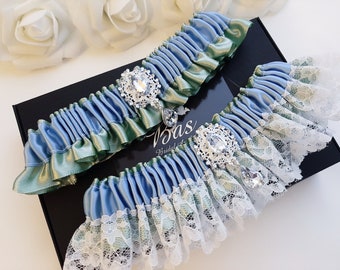 Wedding Garter Set, Sage Green Bridal Garter Set, Blue Garter Set, Blue Garter For Bride, Garter Belt For Wedding, Blue Garters