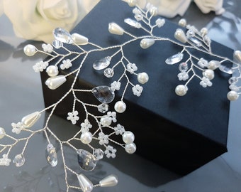 Silver Bridal Hair Vine Wedding Hair Accessory White Pearl Crystal and Rhinestone Handmade Wedding Hair Vine, Bridal Hair Jewelry Bridesmaid