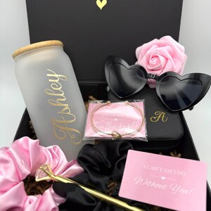 Bridesmaid Girl Box Will You be my Bridesmaid Black and Pink Bridesmaid Box Set Personalized Initial Jewelry Box Maid of Honor Gift Name Cup