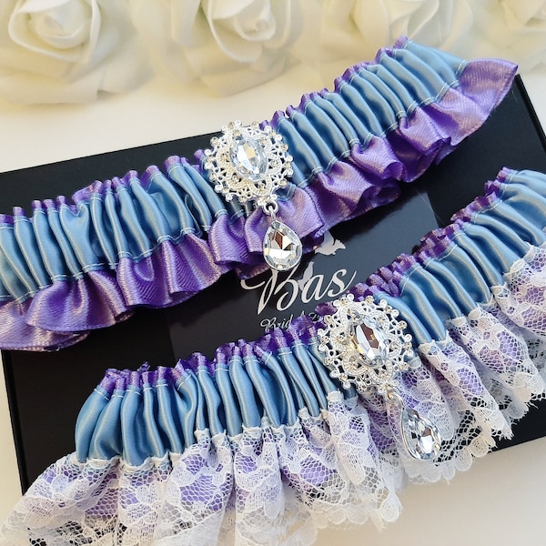 Dusty Blue Lavender Wedding Garter, Lace Bridal Garter Set, Blue Garter Set, Blue Garter For Bride, Garter Belt For Wedding, Blue Garters