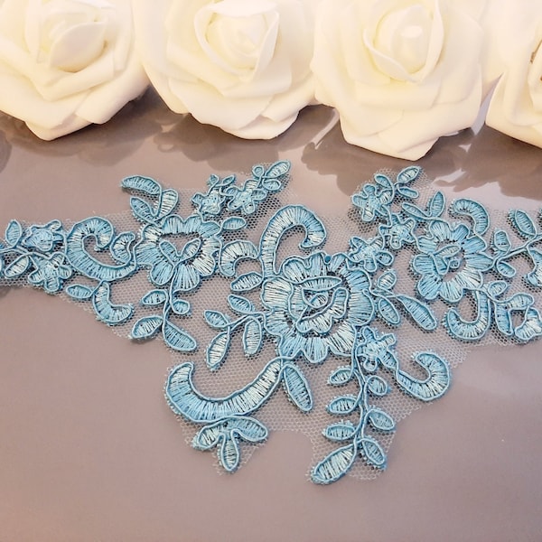 Blue Lace Applique, Patch For Dress Sewing, Bridal Floral Lace Applique, Sew On Embroidered Flower Tulle Lace, Wedding Applique, Lace