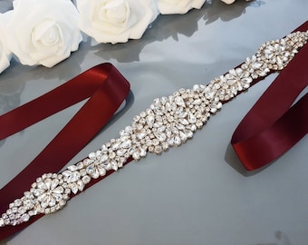 Burgundy Bridal Sash, Wedding Belt, Wedding Sash, Wedding Dress Belt, Bridal Sash, Belt for Bride, Bridesmaid Sash Belt, Rhinestone Belt