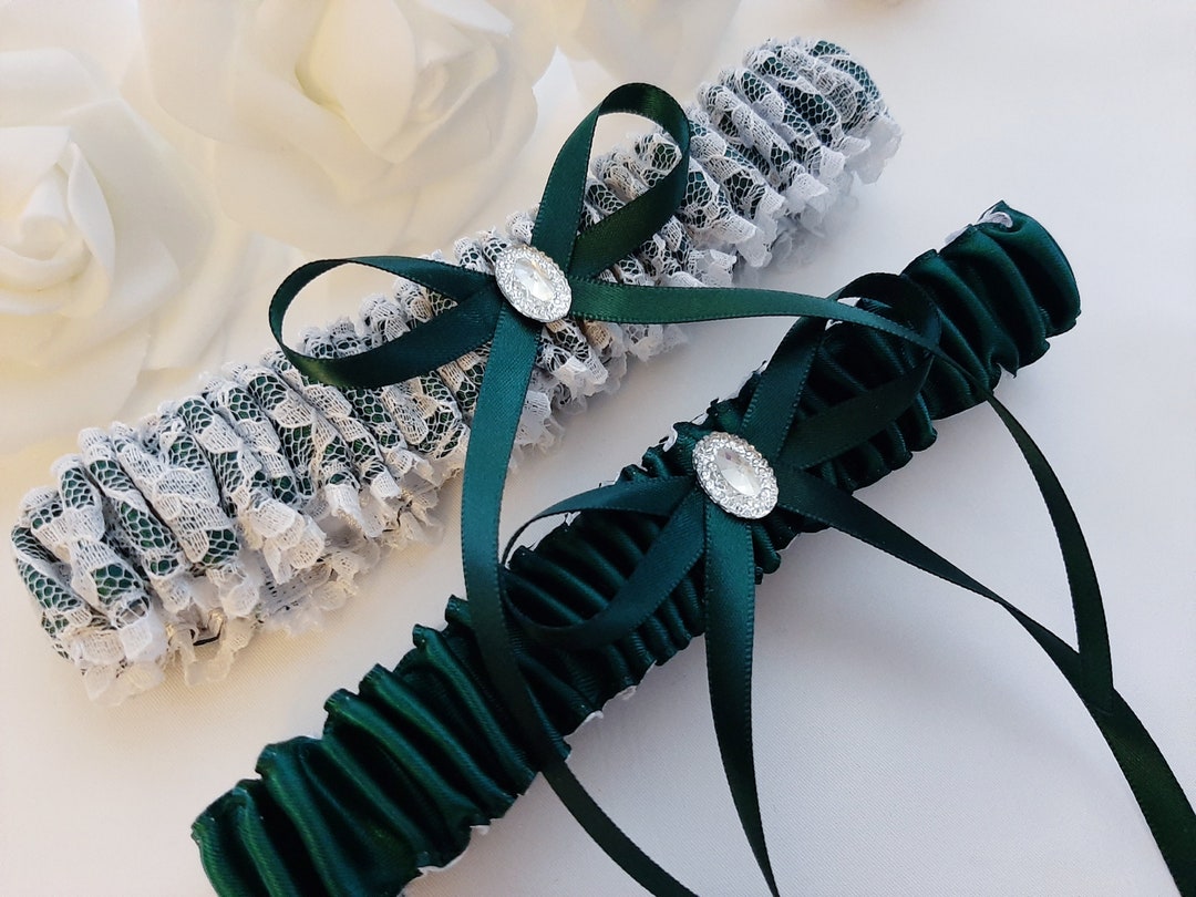 Hunter Green Wedding Garter, Lace Bridal Garter Set, Dark Green Garter