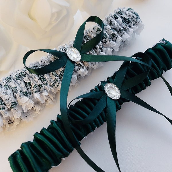 Hunter Green Wedding Garter, Lace Bridal Garter Set, Dark Green Garter Set, Emerald Garter For Bride, Garter Belt For Wedding, Garter Sets