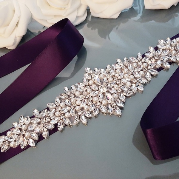 Plum Bridal Belt, Dark Deep Purple Bridal Sash, Belt for Bride, Rhinestone Belt, Eggplant Wedding Belt, Bridesmaid Flower Girl Dress Belt