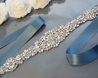 Dusty Blue Bridal Belt, Wedding Dress Belt, Bridal Sash, Wedding Belt, Wedding Sash, Belt for Bride, Crystal Rhinestone Belt, Bridesmaid