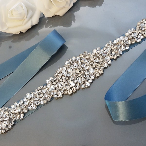 Dusty Blue Bridal Belt, Wedding Dress Belt, Bridal Sash, Wedding Belt, Wedding Sash, Belt for Bride, Crystal Rhinestone Belt, Bridesmaid