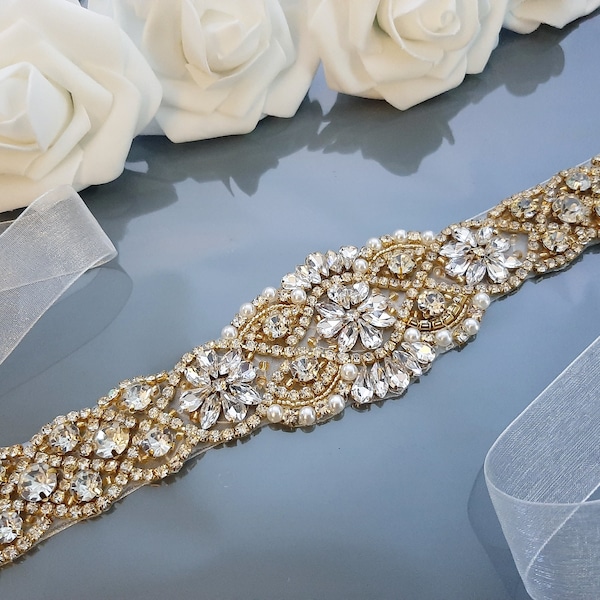 Gold Bridal Belt, Wedding Dress Belt, Bridal Belts And Sashes, Bridal Sash Belt, Rhinestone Belt, Wedding Sash, Crystal Pearl Belt, Chiffon