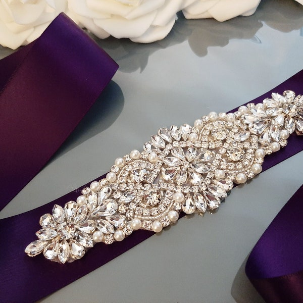 Plum Bridal Belt, Eggplant Bridal Sash, Wedding Sash, Deep Purple Sash Belt, Rhinestone Belt, Wedding Belt, Bridal Sash, Bridesmaid Sash