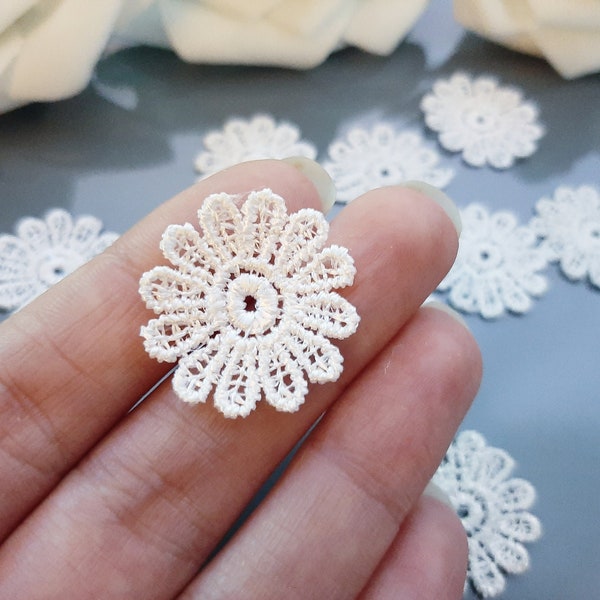 Flower Lace Applique, Lace Flowers 1" White Flower Patch Embroidery Cotton Embellishment for Sewing or Craft Projects, Junk Journal Supplies