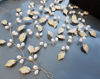 Boho Bridal Hair Piece Pearls Leaves Bridal Gold Silver Leaf Hair Vine for Bride, Wedding Hair Accessories, Bridal Hair Vine