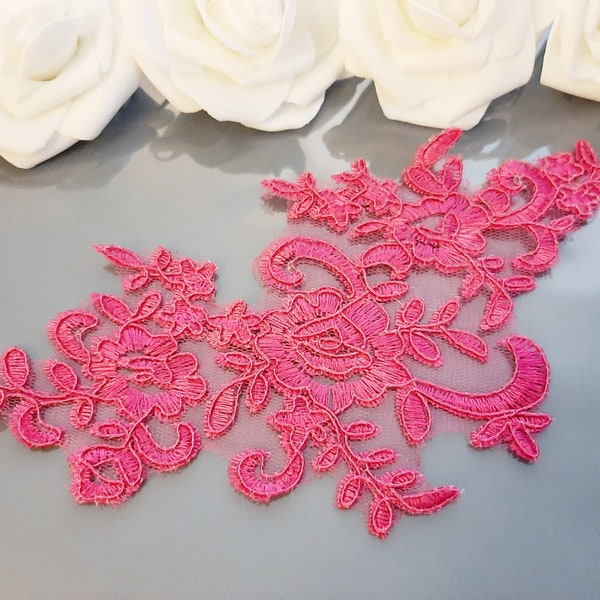 Rose Red Lace Applique, Patch For Dress Sewing, Bridal Floral Lace Applique, Sew On Embroidered Flower Tulle Lace, Wedding Applique, Lace