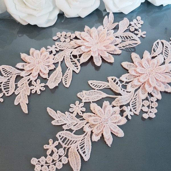 2 pieces 3D Pink Lace Applique Embroidered Lace Patch, Bridal Floral Lace Applique Mirror Pair Patch For Dress Sewing, Lace Applique Garter