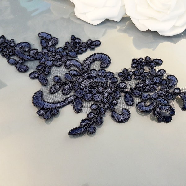 Navy Blue Lace Applique, Patch For Dress Sewing, Bridal Floral Lace Applique, Sew On Embroidered Flower Tulle Lace, Wedding Applique, Lace