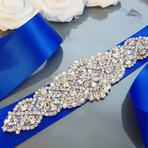 Royal Blue Wedding Belt, Royal Blue Bridal Sash, Bridal Belt, Wedding Sash, Wide Pearl Crystal Dress Belt For Bride, Rhinestone Belt