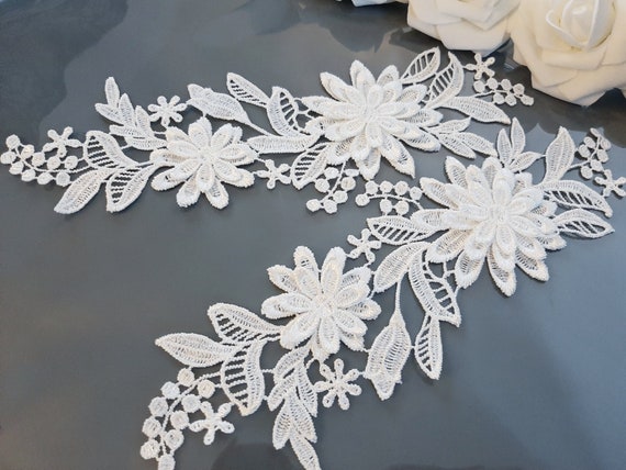 Off-White Bridal Dress Floral Patches Cotton Corded Sewing Lace Applique  Wedding Lace Motif Embroidery Appliques 2 Pieces