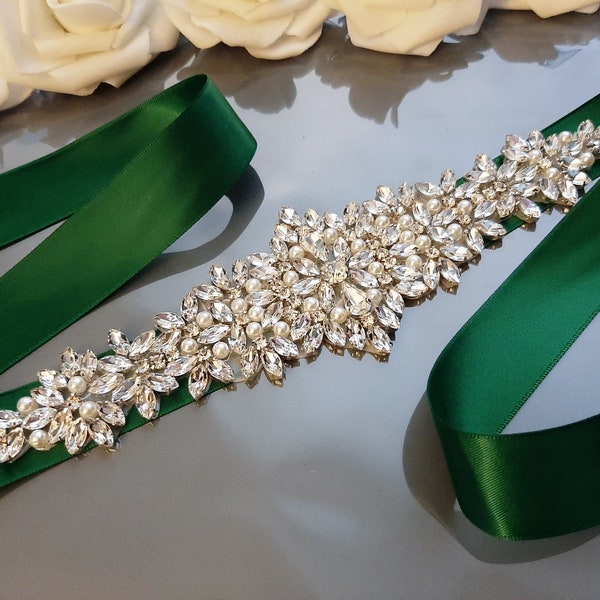 Forest Green Bridal Belt, Dark Green Sash Belt, Wedding Belt, Belt for Bride, Deep Green Wedding Belt, Bridal Belt, Rhinestone Belt