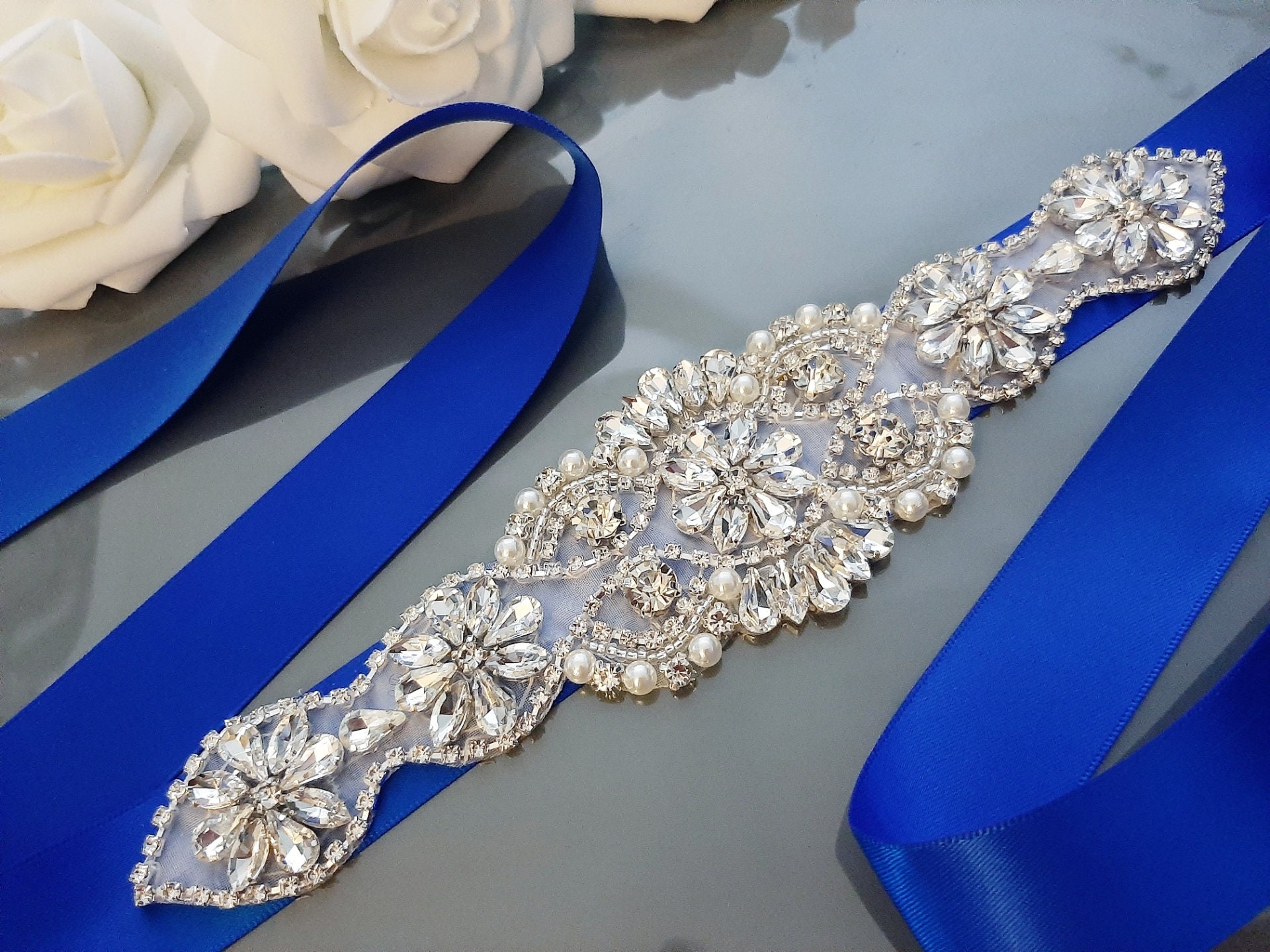 Bridal Wedding Bridesmaid Dress Crystal Pearl Sash Royal Blue Ribbon Belt 