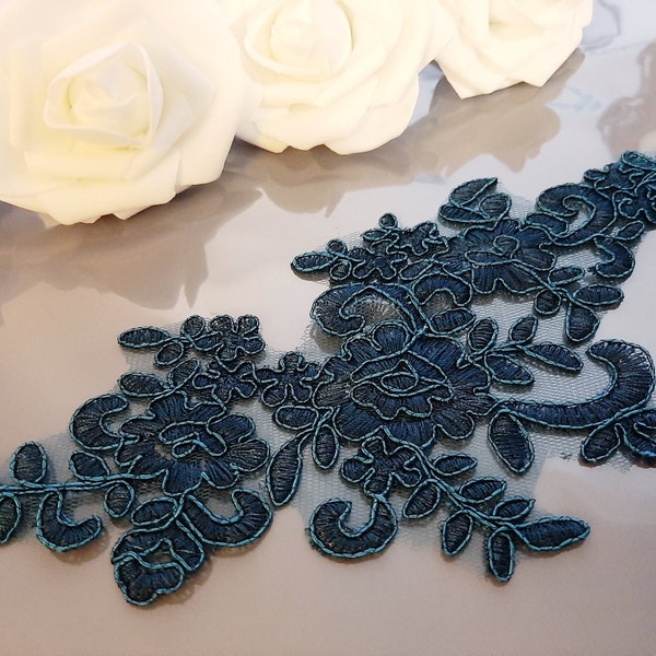 Peacock Teal Blue Lace Applique, Bridal Floral Lace Applique, Sew On Embroidered Flower Tulle Lace, Patch For Dress Sewing, Wedding Applique