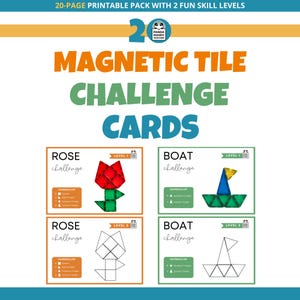 May include: A printable pack of magnetic tile challenge cards. The cards feature designs of a rose and a boat, with different skill levels. The text on the cards includes "Rose Challenge", "Boat Challenge", and "Materials List".