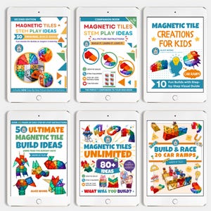 May include: A collection of six tablets displaying colorful book covers about magnetic tiles. The covers feature titles like "Magnetic Tiles STEM Play Ideas" and "Magnetic Tile Creations for Kids," with illustrations of builds and text.