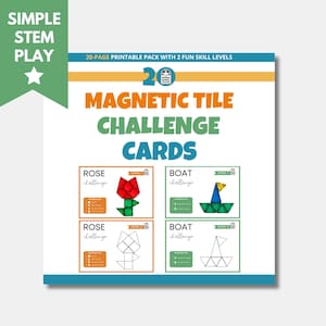 May include: A 20-page printable pack of magnetic tile challenge cards titled Simple Stem Play. The cards feature rose and boat designs in both colored and outline versions, categorized by two skill levels with material lists included.