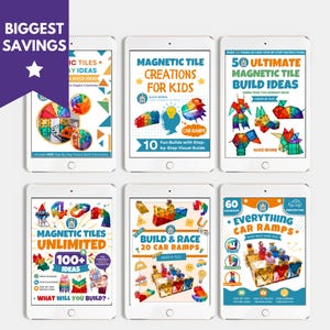 Puede incluir: Seis tabletas blancas que muestran portadas de libros digitales para proyectos de construcción con azulejos magnéticos. Los títulos incluyen Magnetic Tile Creations for Kids, 50 Ultimate Magnetic Tile Build Ideas, Magnetic Tiles Unlimited, Build & Race 20 Car Ramps y Everything Car Ramps.