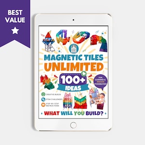Puede incluir: Una tableta digital que muestra una guía titulada Magnetic Tiles Unlimited con 100+ Ideas. La portada presenta estructuras de azulejos magnéticos coloridos, un logotipo de Panda Mommy Teacher y texto que incluye Creative Builds, STEM Challenges y Step-by-Step Instructions. Un banner de Best Value está en la esquina.