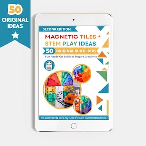 May include: A digital tablet displaying an e-book cover titled Magnetic Tiles STEM Play Ideas Second Edition. The cover features text, a Panda Mommy Teacher logo, and circular images of colourful magnetic tile structures and a toy train.