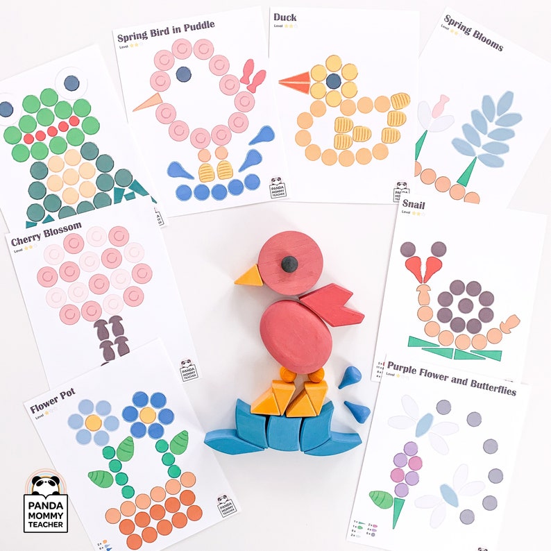 May include: A set of ten printable activity cards featuring colorful images of animals and flowers made from circles. The cards are designed for children to learn to count and identify colors. The cards include a duck, a snail, a cherry blossom, a spring bird in a puddle, a flower pot, spring blooms, and a purple flower with butterflies.