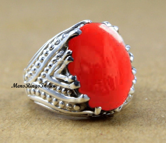 Coral Marjan Ring 925 Sterling Silver Gold Plated Men's Handmade Silver Ring  Moonga Stones Bague Deep Red Coral Stones Real Gemstone Rings - Etsy