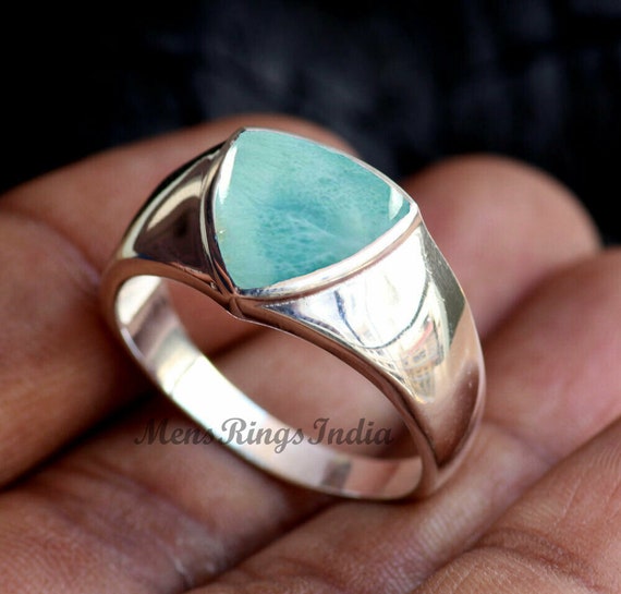 Larimar Gemstone Solid 925 Sterling Silver Engagement Mens Ring Jewelry 