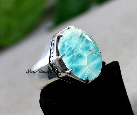 AAA 925 Sterling Silver Ring Natural Larimar Mens Ring Dominican