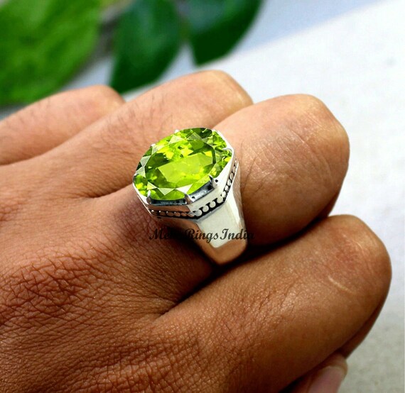 Peridot Solid Men Ring 925 Sterling Silver August Birthstone Peridot Signet Ring Claw Setting Ring Silver Ring for men Gift for Him
