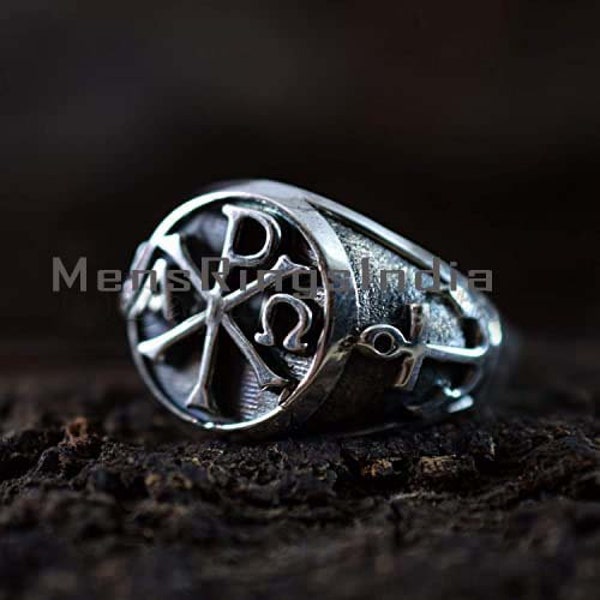 CHI RHO MEN Ring, Rho Ring for Men, Chi Rho Ring, Alpha Omega Religious Gothic Style Masonic Rho Ring Silver Ring Gift For Him Handmade ring